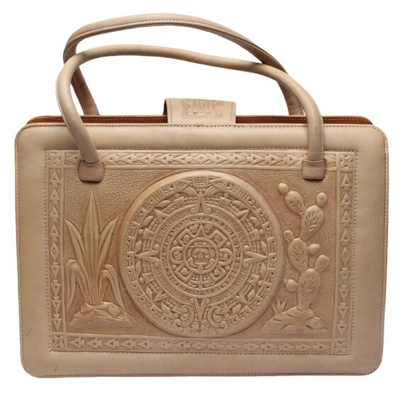 Vintage Mexican Tan Tooled Leather Handbag Purse Mayan Art Bull Retro Top Handle - Picture 3 of 16